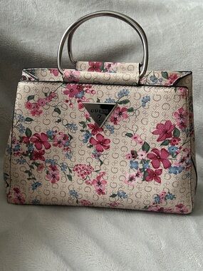 GUESS Pink Floral Top-Handle Satchel on Beige Canvas